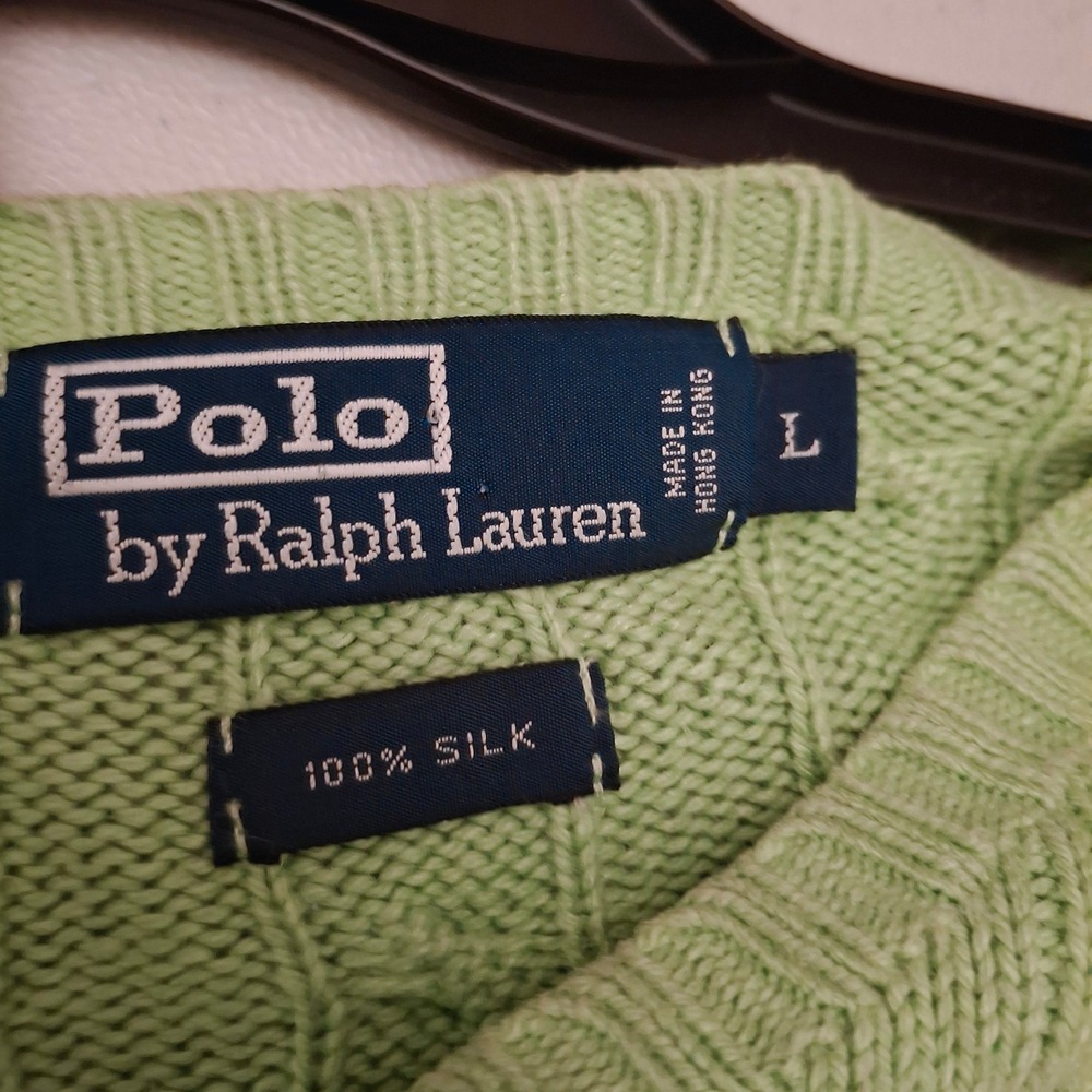 Polo Ralph Lauren Cable Knit Silk Sweater L Green Crew Neck Long Sleeve Logo‎ - Picture 6 of 10